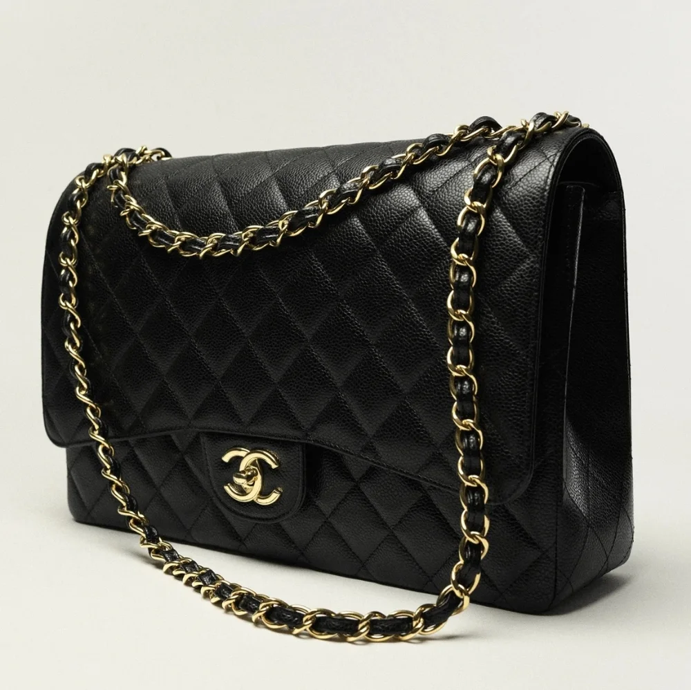 Rare! Chanel CC 24 kt Gold HW Classic Single Flap Bag Quilted BLACK Caviar JUMBO - Picture 4 of 16